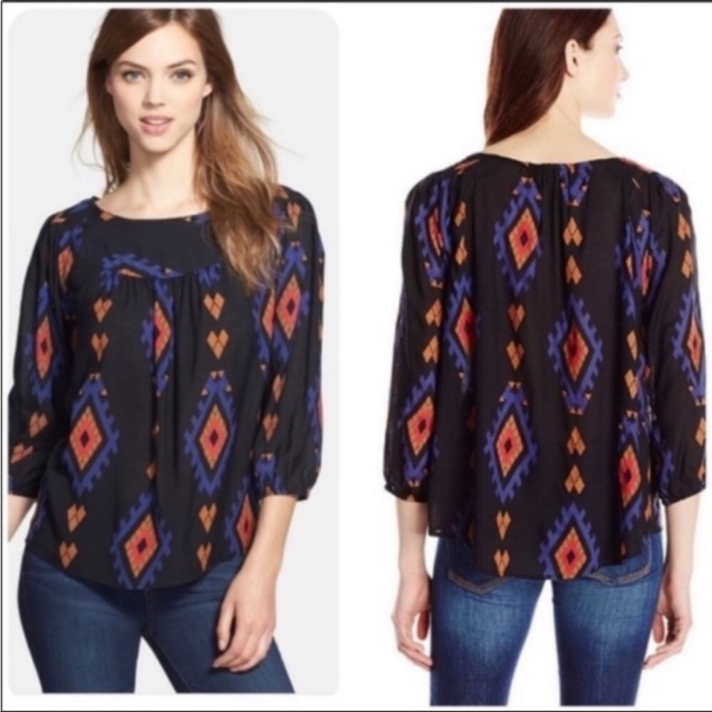 Lucky Brand Amelia Print Peasant Top Black Size Medium